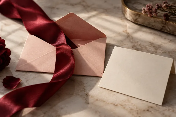 Two pale envelopes, a blank card, burgundy ribbon, rose petals, and a shallow tray arranged on a marble surface.