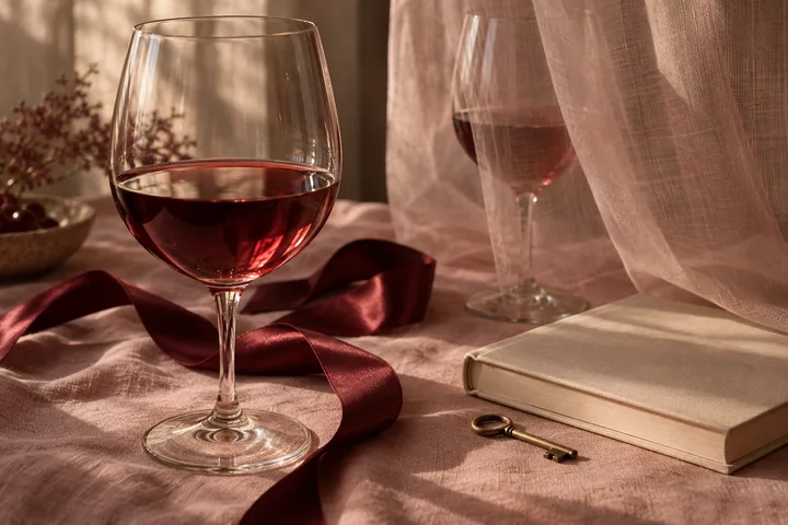 Two glasses of red wine, burgundy ribbon, a closed book, and a brass key on pale fabric near a sheer curtain.