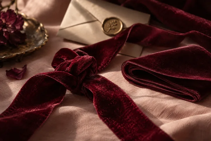 A tied burgundy velvet ribbon, a folded length of ribbon, a sealed envelope with a round seal, and flowers on pale fabric.