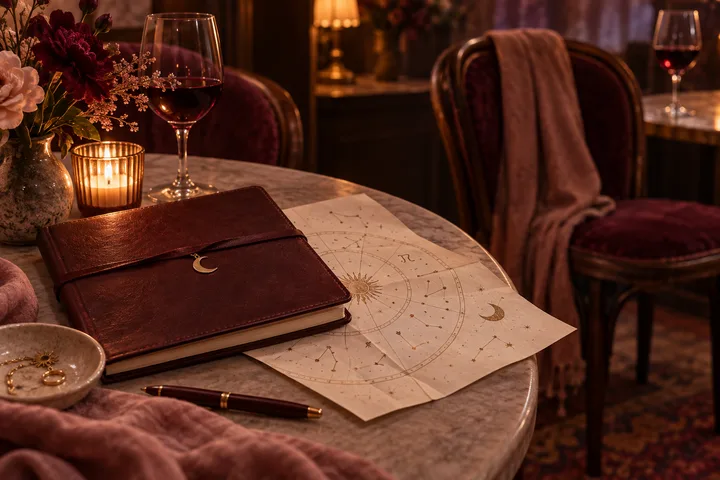A burgundy journal with a crescent moon charm rests on a table beside a printed circular star chart, a pen, flowers, a candle, and wine glasses.
