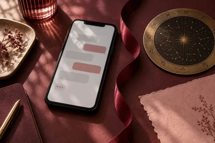 A phone with gray and muted red chat bubbles sits on burgundy fabric beside a round star chart, ribbon, glass, dried flowers, and a pink cloth.
