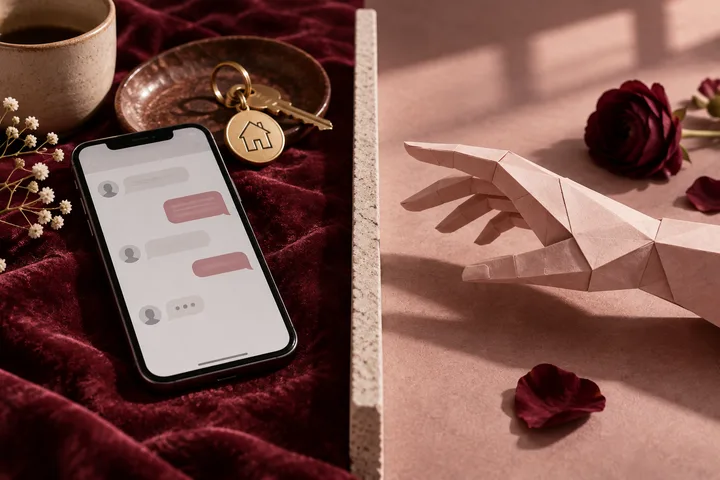 A phone with muted chat bubbles and a key ring on burgundy fabric sits beside a coffee cup and a folded paper hand on a pale surface.