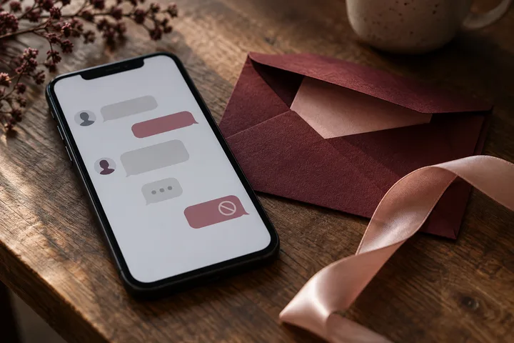 A phone screen shows chat bubbles, including one with a circle-and-slash symbol, beside an open burgundy envelope and pale pink ribbon.