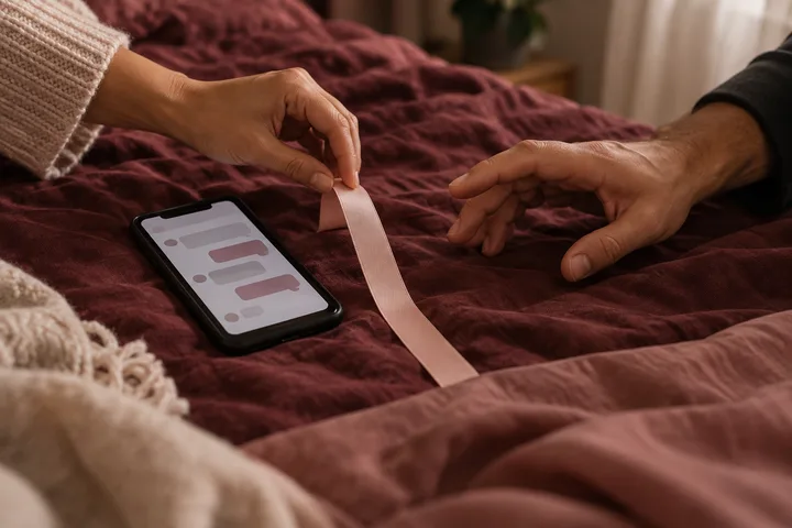 Two hands reach toward a pale pink ribbon on burgundy fabric, with a phone showing chat bubbles nearby.