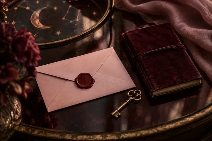 A sealed pink envelope, burgundy notebook, ornate key, flowers, and a circular star-and-moon design arranged on a dark reflective table.