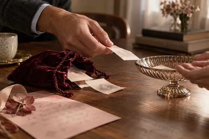 A hand holds a small card above a glass bowl beside a burgundy drawstring pouch and several loose cards on a wooden table.