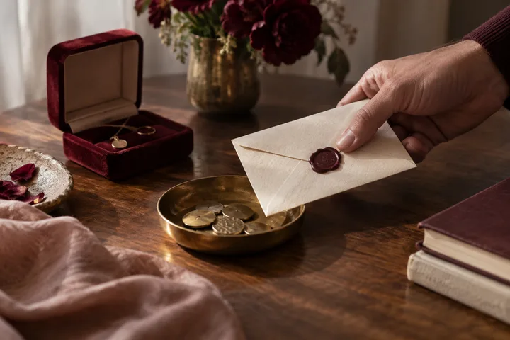 A hand holds a wax-sealed envelope over a brass bowl of coins, beside an open jewelry box, flowers, and books.