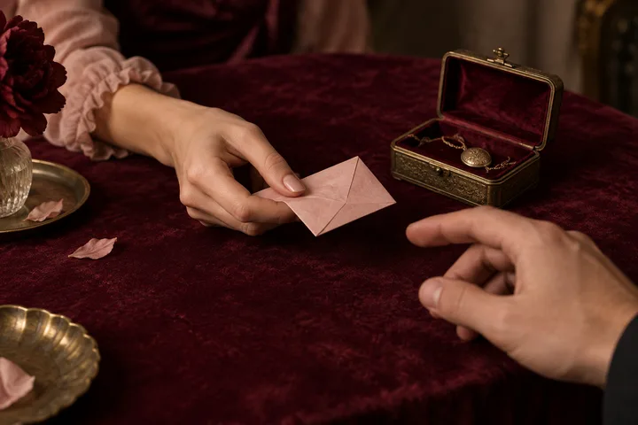 One hand offers a small envelope across a burgundy-covered table while another hand reaches toward it; an open jewelry box sits nearby.