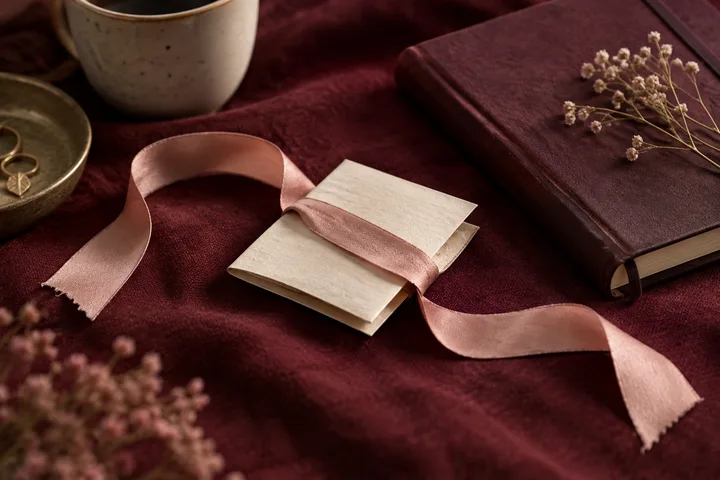 A blank folded card wrapped with a pink ribbon rests on burgundy fabric beside a notebook, cup, dish, and dried flowers.