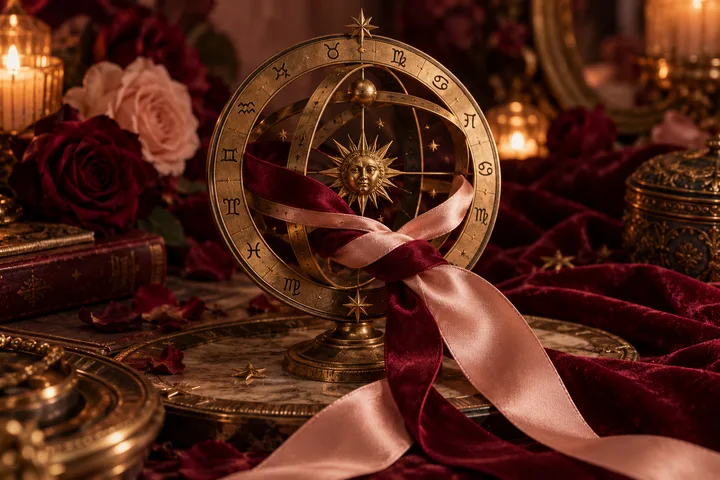 A brass zodiac armillary wrapped in burgundy and blush ribbons, surrounded by roses and candlelight.