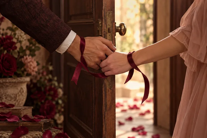 Two people stand at an open doorway with a burgundy ribbon looped around their hands.
