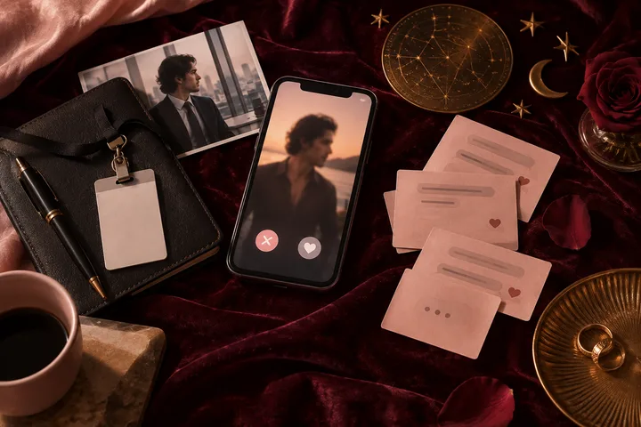 A phone displaying a blurred profile photo sits beside a portrait, blank cards, a black notebook, a coffee cup, rings, a red rose, and a circular star chart on burgundy fabric.
