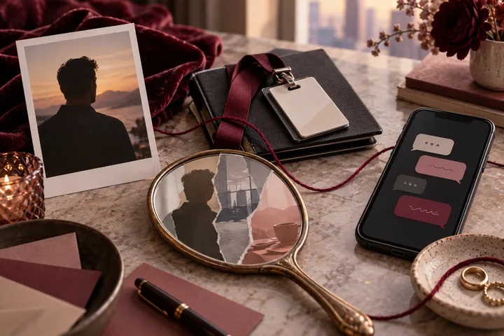 A phone with blurred message bubbles lies beside a portrait, a black notebook with a blank name tag, a hand mirror, a pen, jewelry, and red thread on a tabletop.