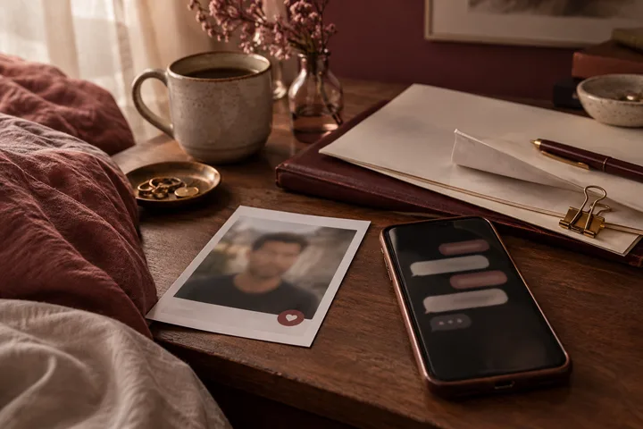 A phone with blurred message bubbles and a blurred profile photo rest on a wooden bedside table beside a coffee cup, papers, a pen, jewelry, and flowers.