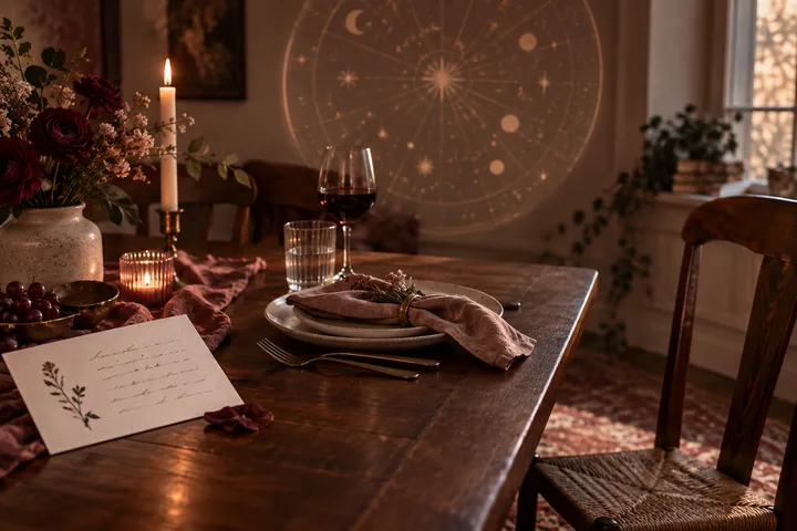 An intimate burgundy dining table set for two, with one place setting and a pulled-away chair beneath a softly glowing illustrative celestial circle.