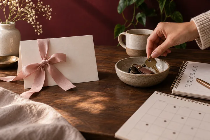 A blush-ribboned promise card sits beside keys, a checklist, and a hand placing one key into a bowl, symbolizing words tested by evidence.