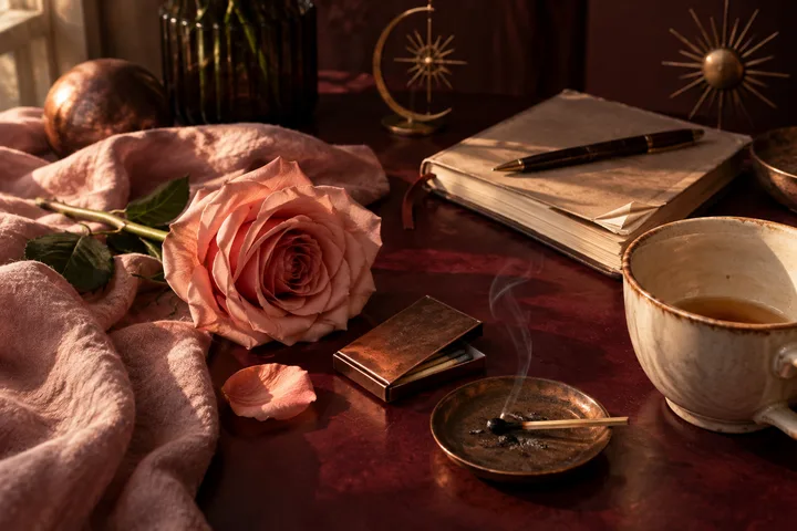 A blush rose and copper matchbook sit beside a used notebook and tea, symbolizing affection and attraction versus the effort to act.