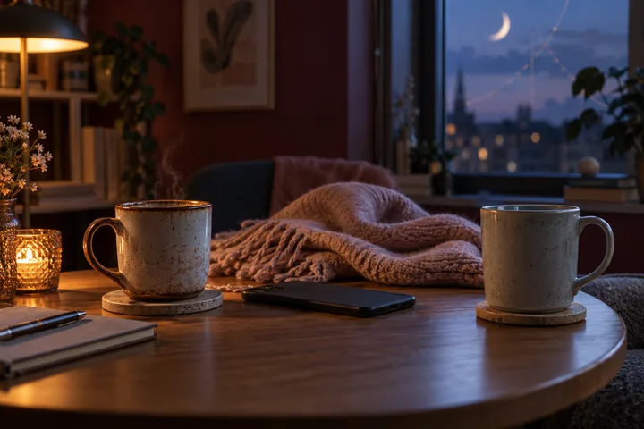 Two ceramic mugs sit apart around a face-down phone at blue hour, showing the difference between a healthy pause and disappearing without repair.