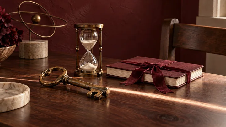 An aged brass key, hourglass, and ribbon-bound notebook on a walnut table represent boundaries, time, and responsibility.