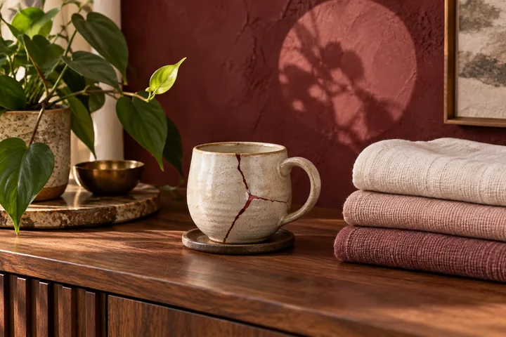 A repaired ceramic cup with a burgundy seam sits beside folded linens and a fresh plant leaf, symbolizing repair maintained over time.