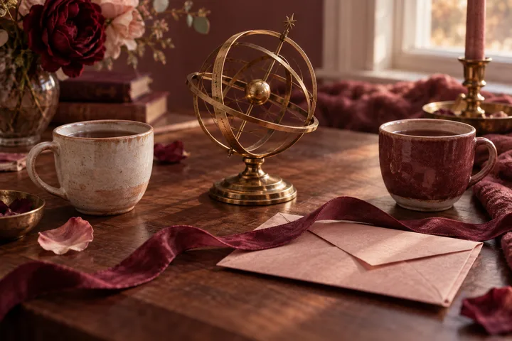 A brass armillary sphere sits between two cups on a wooden table, with burgundy ribbon, flowers, and envelopes nearby.