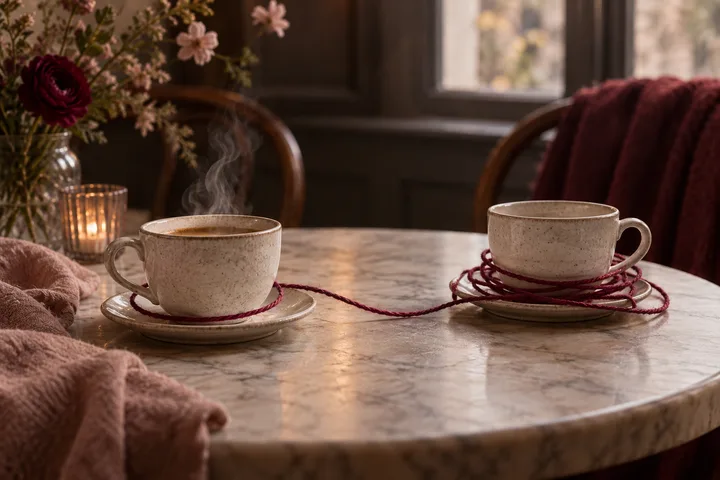 Two cups sit apart on a marble table, linked by a loose burgundy cord wrapped around their saucers.