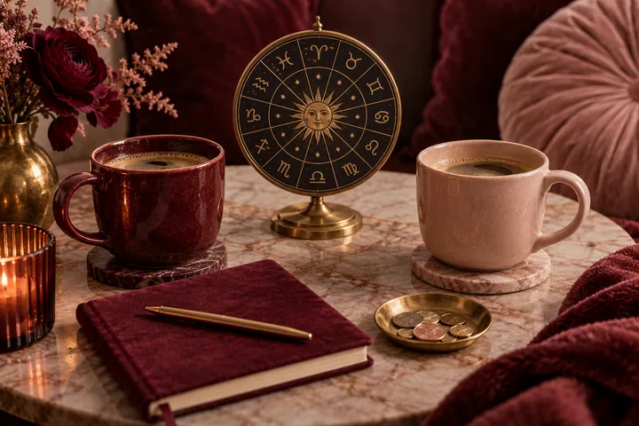 Two coffee cups sit on a marble table beside a brass zodiac wheel, a burgundy notebook, and a small dish of coins.