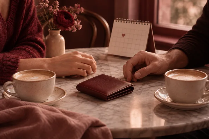 Two people sit across a marble table with a leather wallet between them, coffee cups nearby, and a heart marked on a desk calendar.