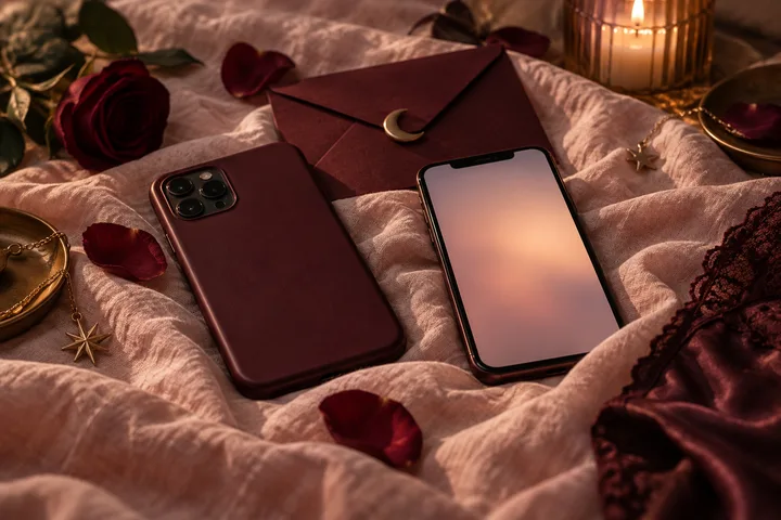 A smartphone lies on rumpled blush fabric beside a burgundy envelope, rose petals, a dark red rose and gold star charms; a lit candle sits nearby.