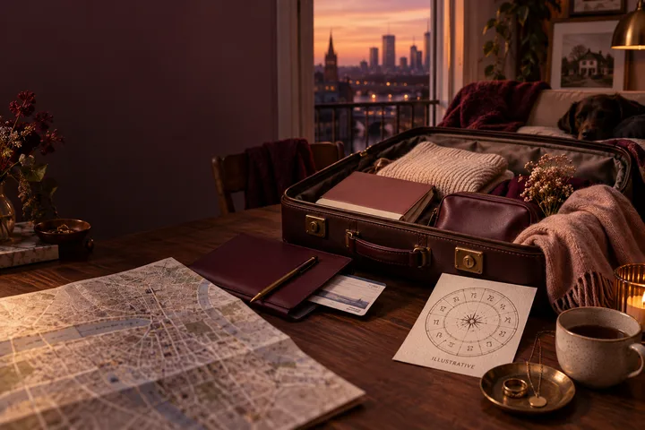 Warm burgundy editorial still life of an open suitcase, city map, professional folder, train ticket, and an illustrative astrology chart beside a home at dusk.