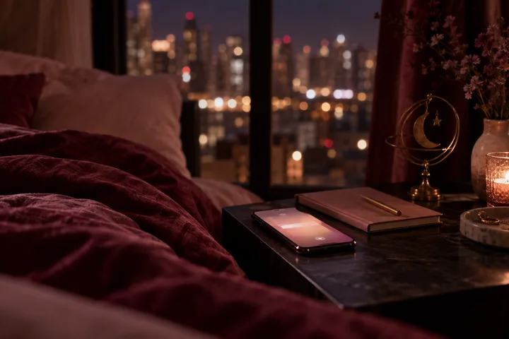 A glowing phone beside a notebook and brass crescent moon ornament on a burgundy bedside table at night, with blurred city lights beyond the window.