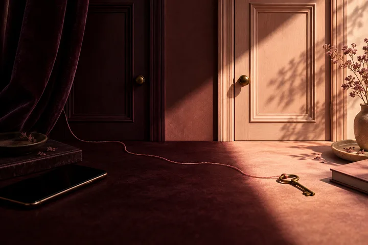 A burgundy room with one dark door and one sunlit door connected by a blush thread, with a key and phone on the floor to symbolize privacy versus secrecy.