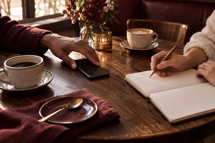 Two people meet over coffee as one turns a phone face down and the other writes in a blank notebook, representing a direct conversation and a concrete daytime plan.