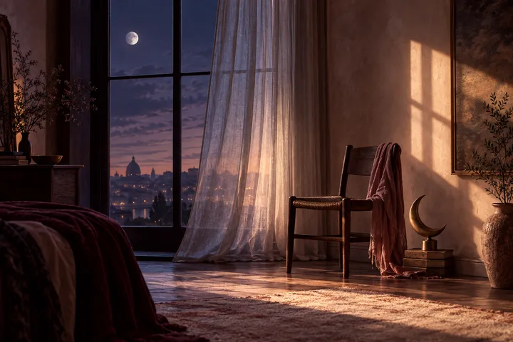 An empty chair beside a moonlit window and brass crescent sculpture as dawn light enters, evoking private feelings moving toward clarity.