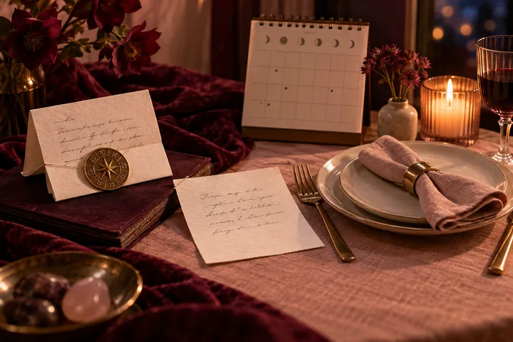 Burgundy and blush relationship still life with apology notes, an illustrative astrological wheel, a calendar, and a reset dinner place setting representing change after an apology.