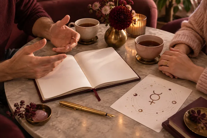 Two people in burgundy and blush sleeves talk across an open notebook with tea, a brass pen, flowers, and an illustrative Mercury orbit card, evoking a calm repair conversation.