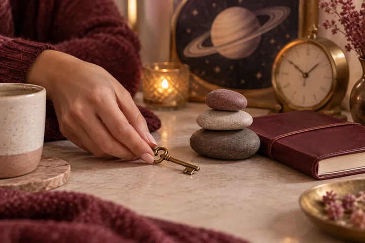 A woman’s hand places a brass key beside balanced stones and a burgundy journal, with a clock and illustrative Saturn artwork suggesting patience, boundaries, and trust earned over time.