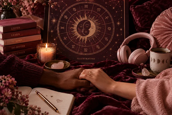 Burgundy still life with two hands touching, headphones, a notebook, and an illustrative zodiac wheel beside stacked books and a blush-colored cloth.