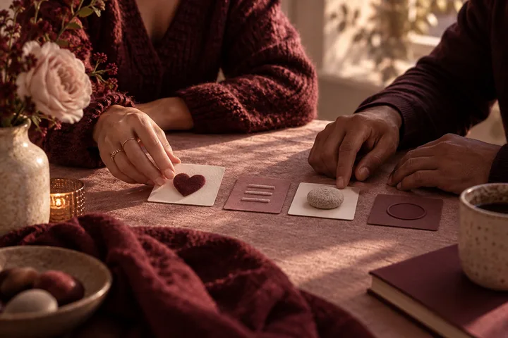Two people place textured cards on a blush tablecloth, including a raised heart, horizontal lines, a stone, and an empty circle.