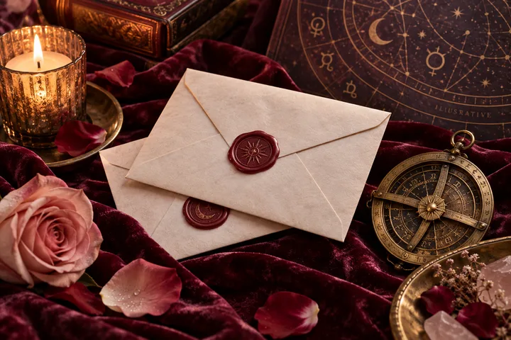 A sealed cream envelope rests on burgundy velvet beside a candle, pink roses, an astrological chart marked illustrative, and a brass circular instrument.