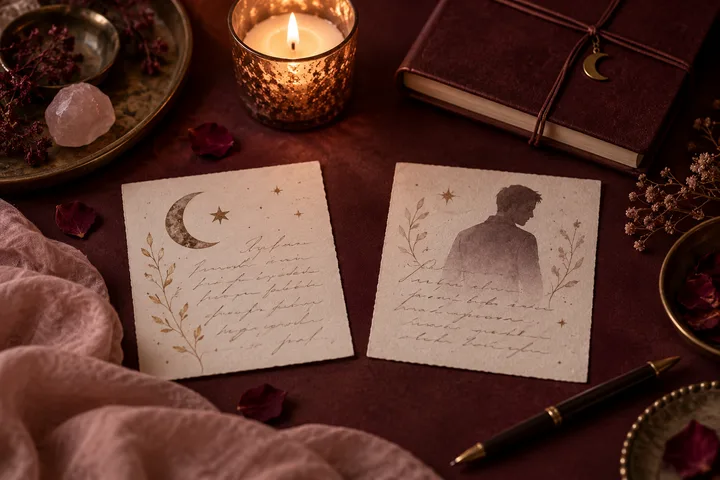 Two cream cards with handwritten script lie beside a lit candle and a burgundy book; one card shows a crescent moon and stars, and the other a silhouette of a man.